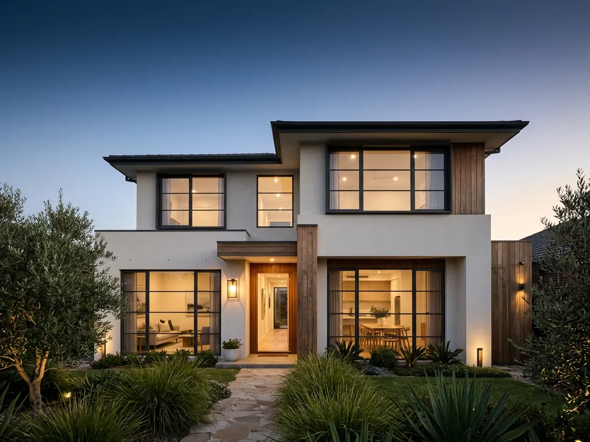 Australian home at virtual twilight with warm interior lighting against a cool dusk sky