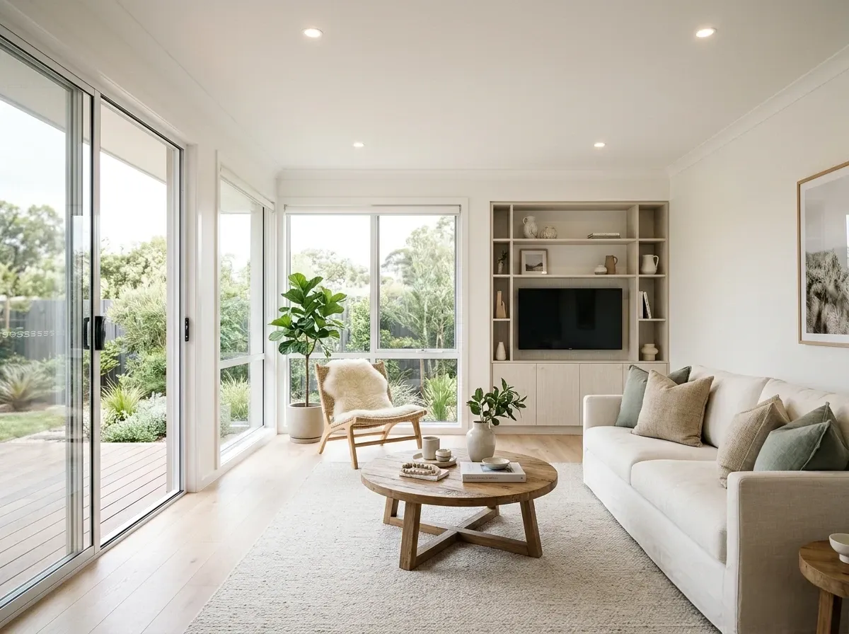 Virtually staged Australian living room with a visible Virtually Staged disclosure badge in the corner