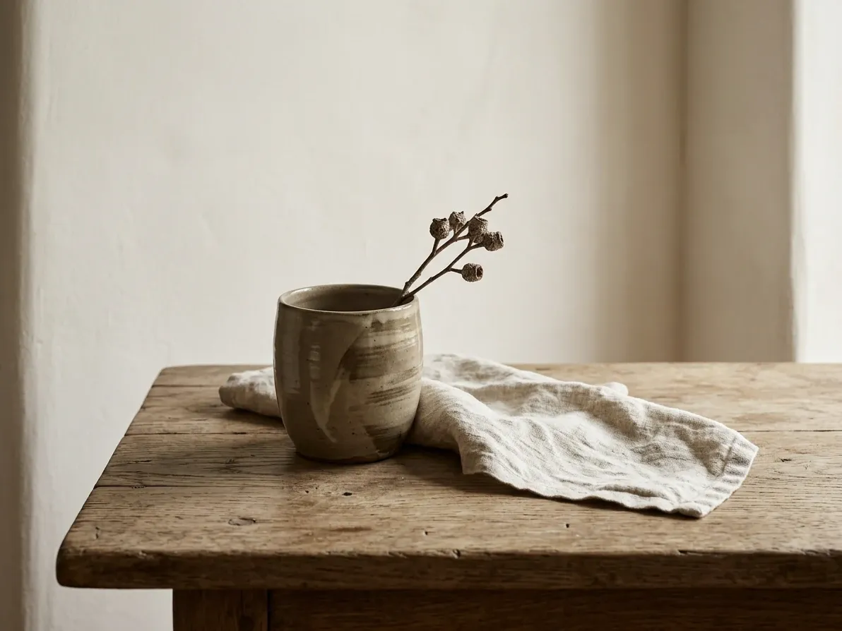 Editorial still life of handmade ceramic, slubbed linen and weathered timber showing wabi-sabi texture