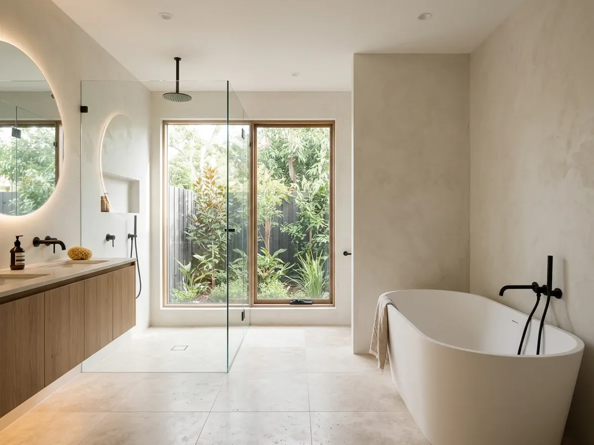 Australian bathroom with a separate walk-in shower and freestanding bath on the wet wall