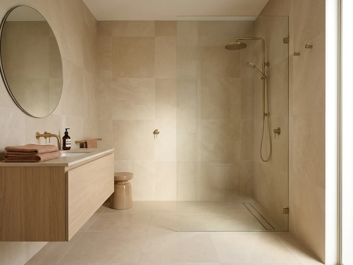 A generous hobless walk-in shower in a contemporary Australian bathroom with no bath
