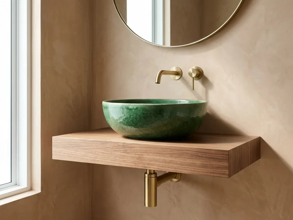 A wall-hung vanity with a sculptural vessel basin and wall-mounted tapware