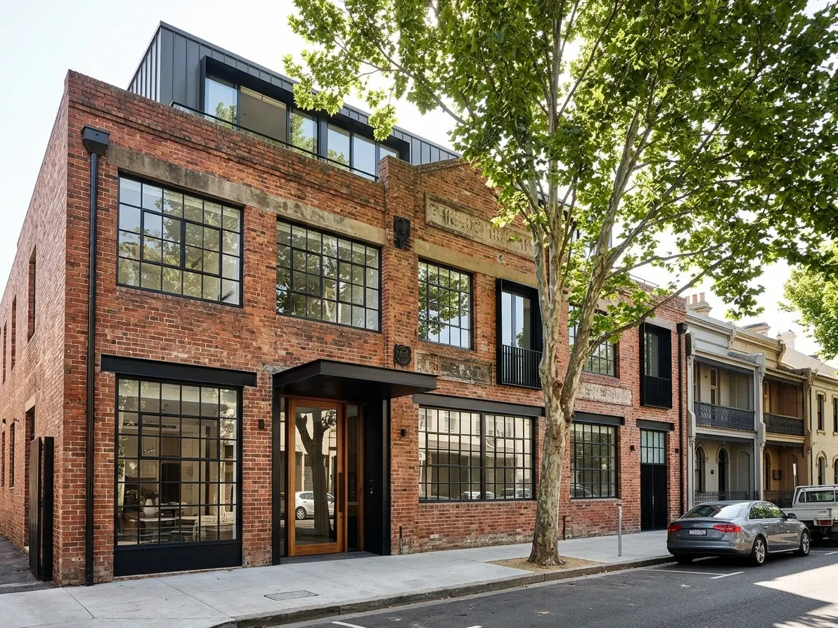 Converted Australian warehouse exterior with black steel framing and brickwork