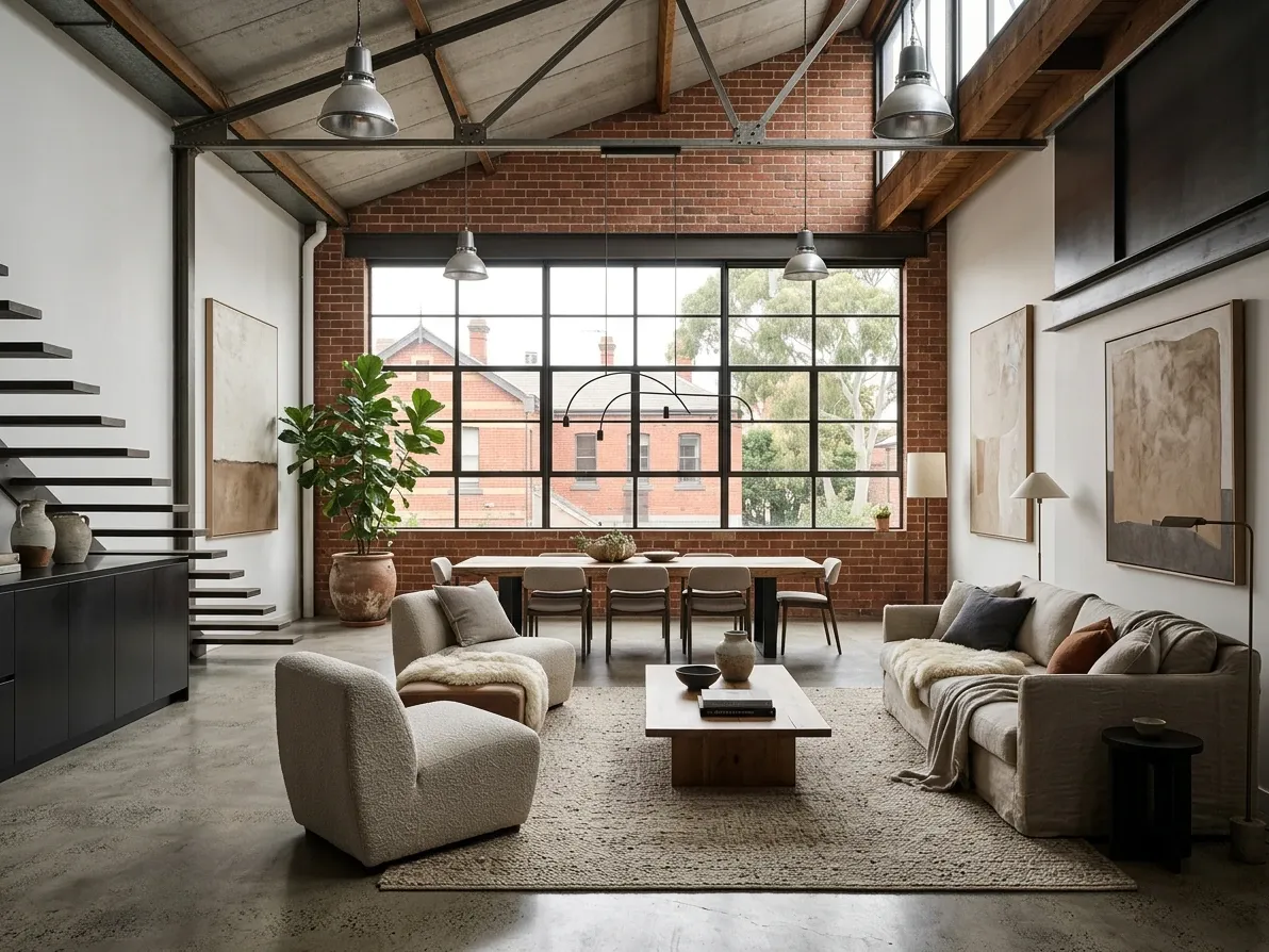 Converted warehouse loft living space with exposed brick and steel-framed glazing