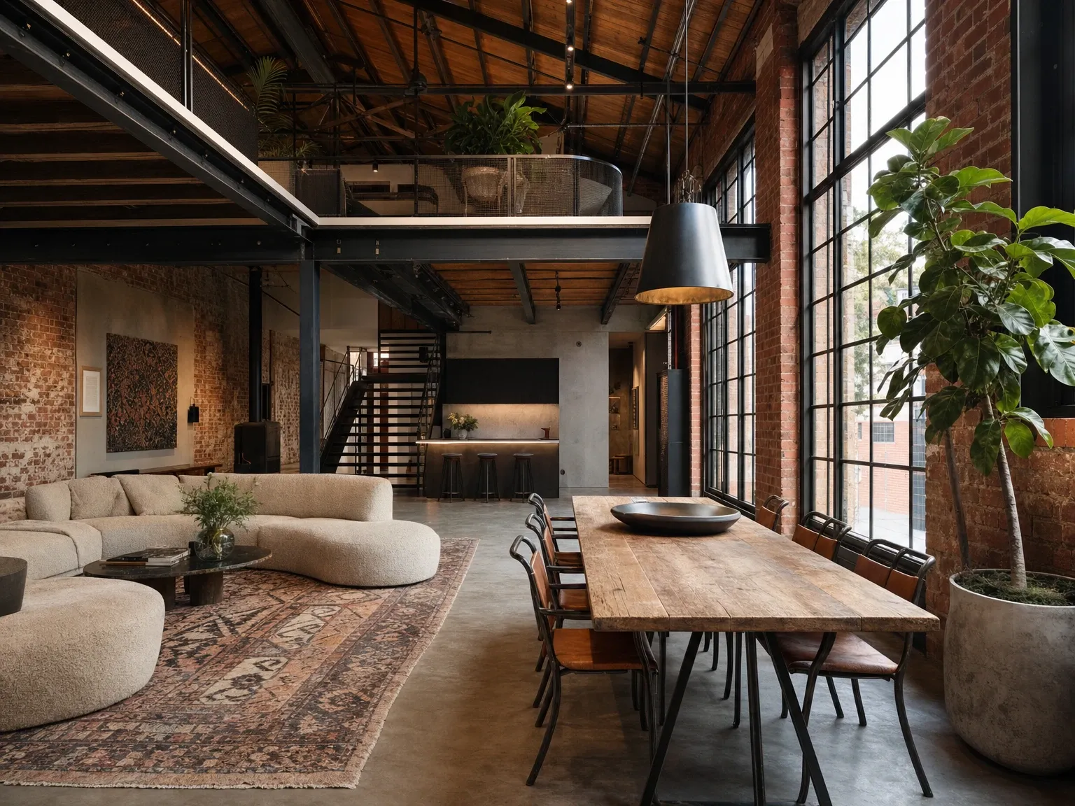 The same warehouse converted into a warm industrial loft with furniture and soft layer