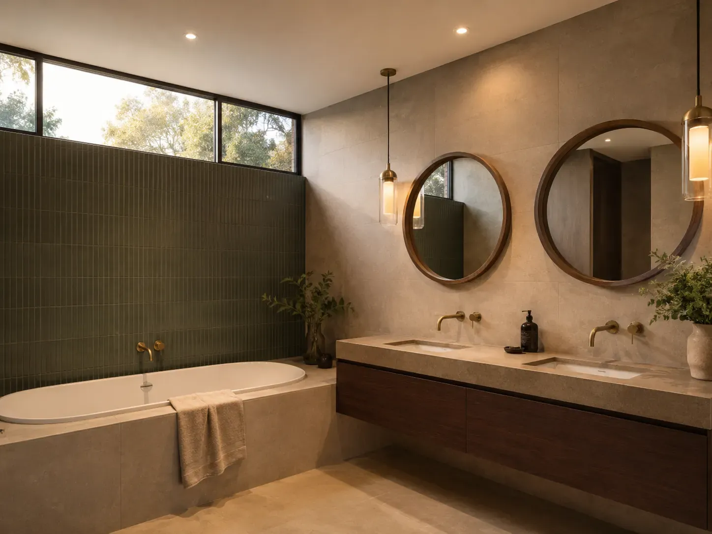 Warm-minimalist Australian bathroom with built-in bath, deep green feature wall, dark-stained timber vanity and brushed brass tapware