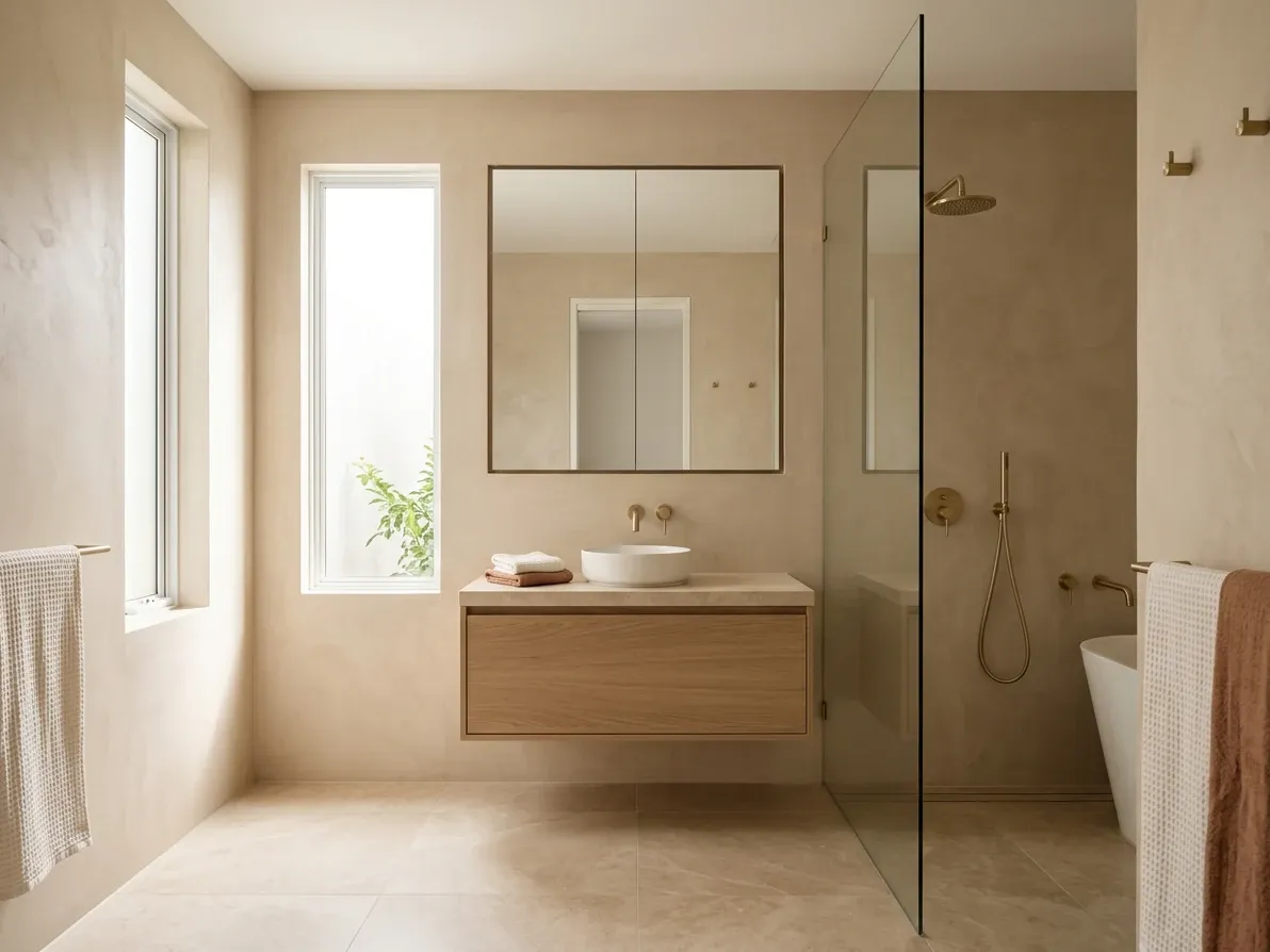 Warm minimalist bathroom with microcement walls, honed stone and brushed brass tapware