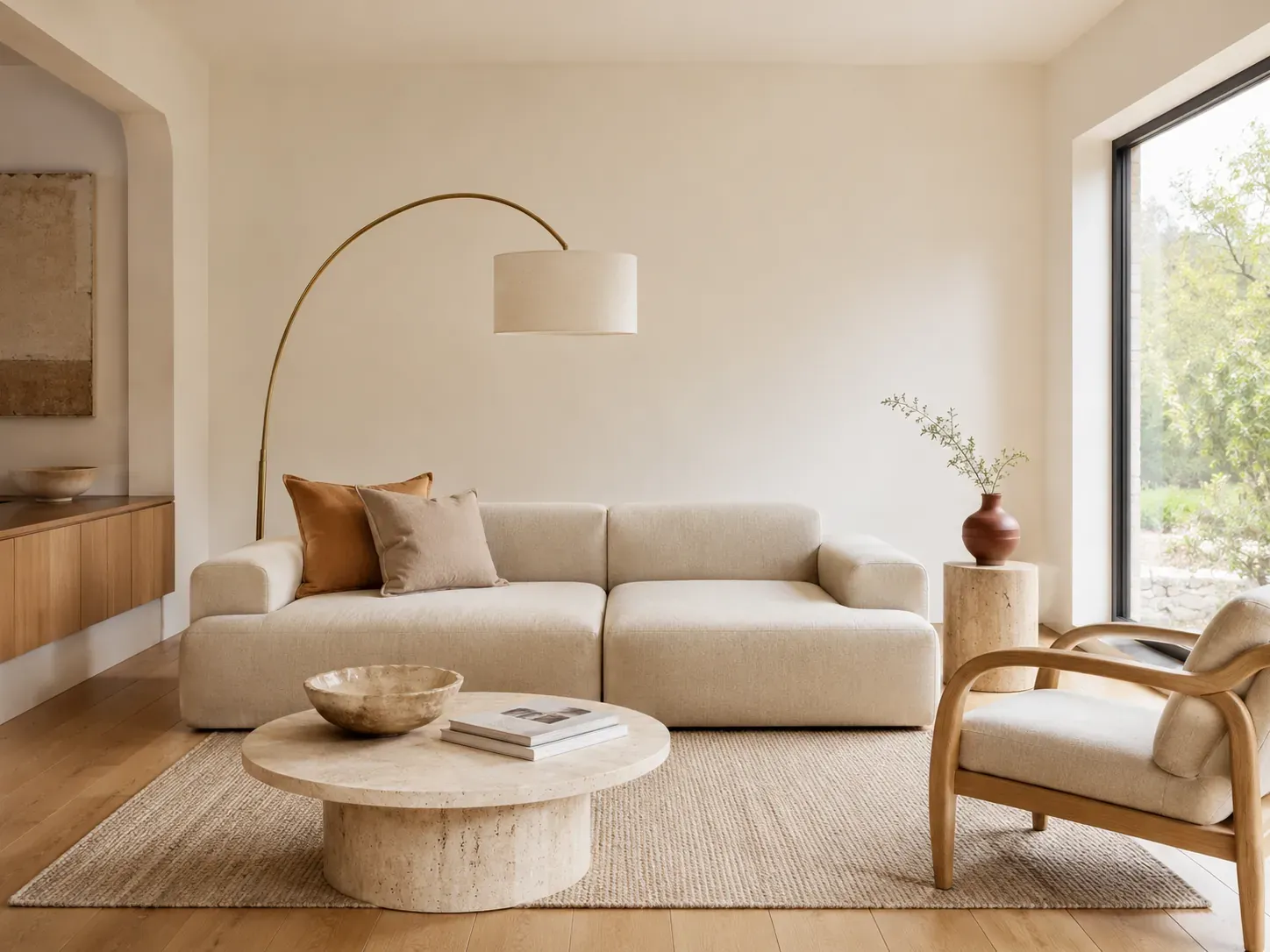 2026 Australian warm-minimalist living room with soft off-white walls, oak floors, linen sofa and travertine side table