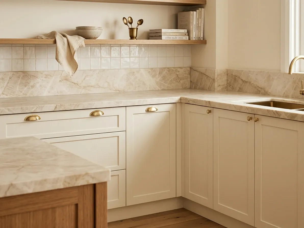 Australian white kitchen with cabinetry, stone, timber and hardware in one warm undertone family