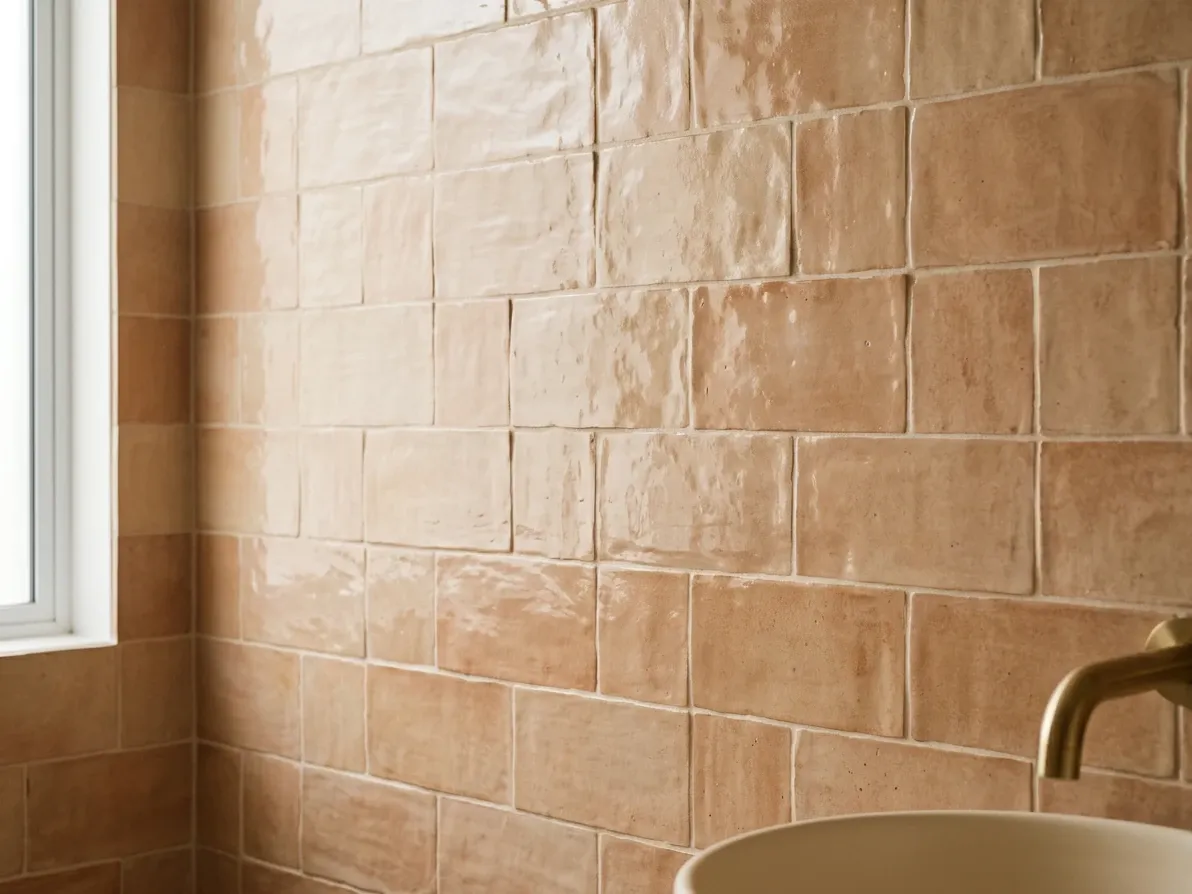 Close-up of handmade zellige feature wall with matched-tone grout in a warm Australian bathroom