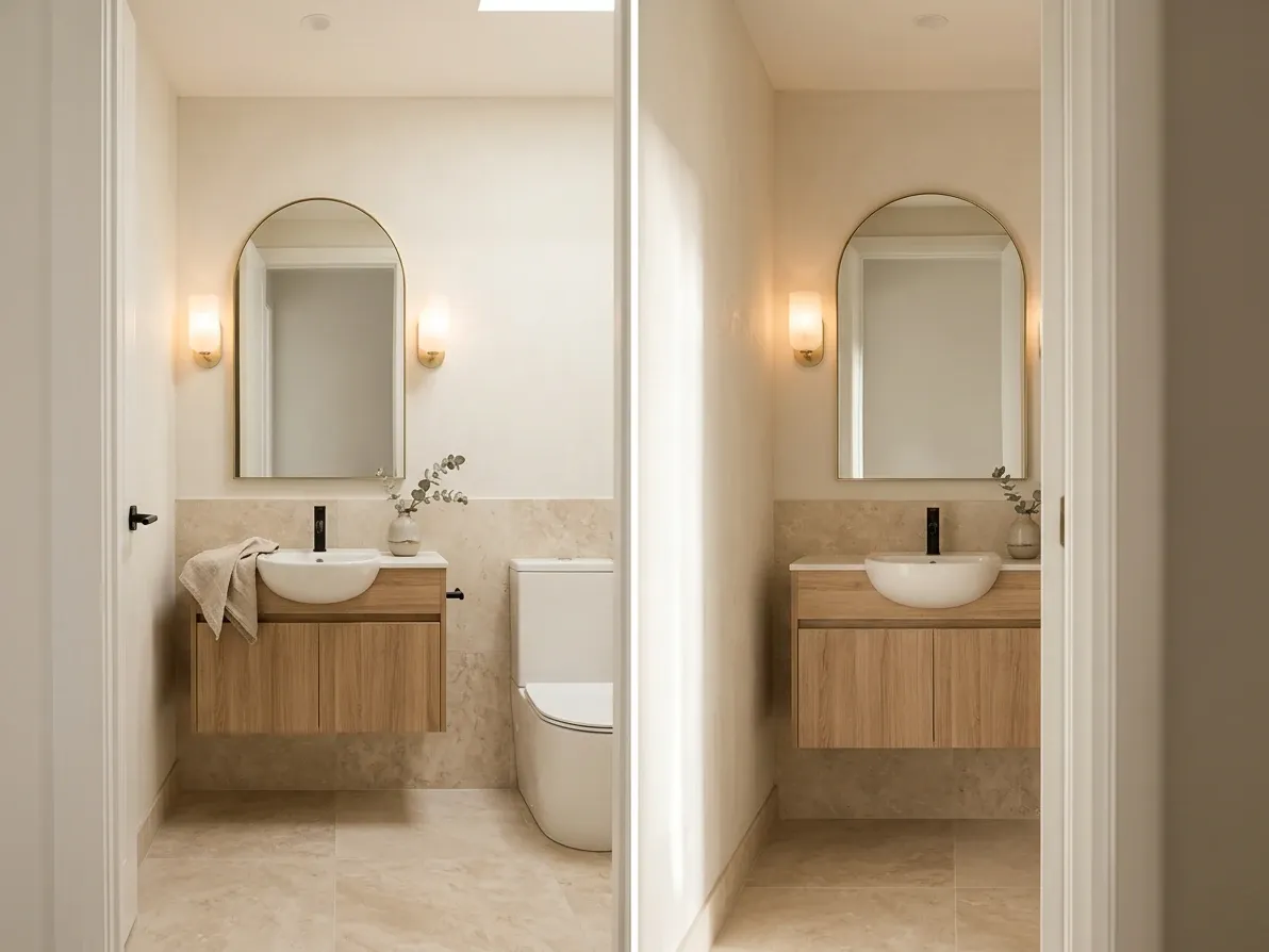 A well-lit powder room with sconces flanking the mirror and a wall-hung vanity with storage