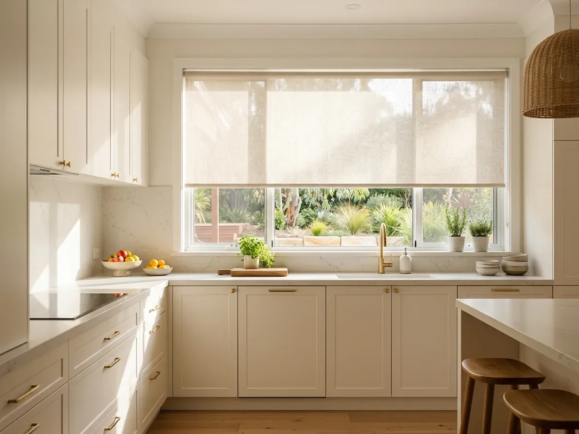 Australian white kitchen with a sheer blind filtering strong sun above cabinetry